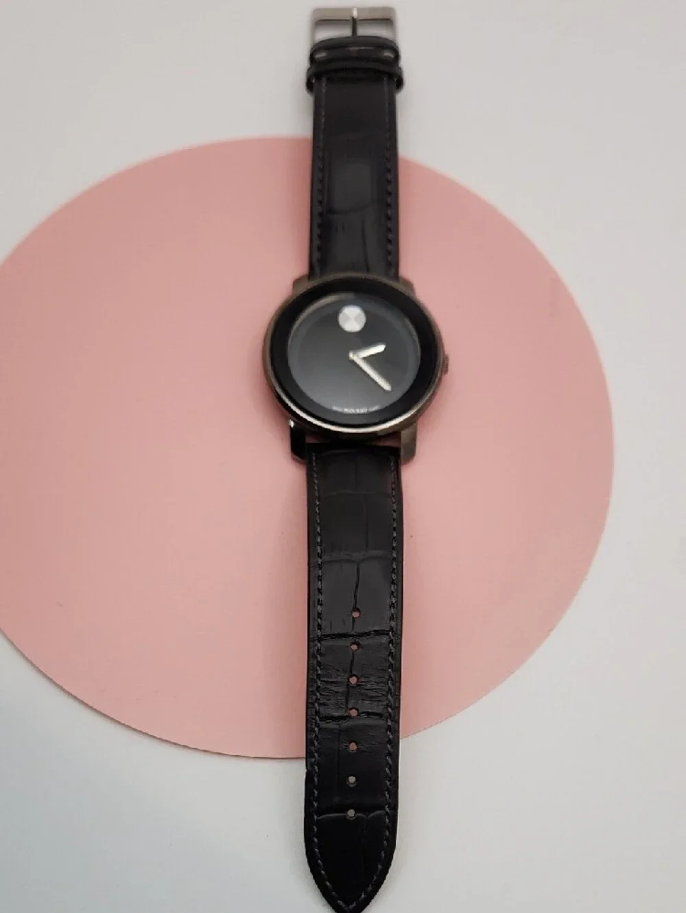 Movado Black Dial Stainless Case Leather Strap Watch 42mm Diameter